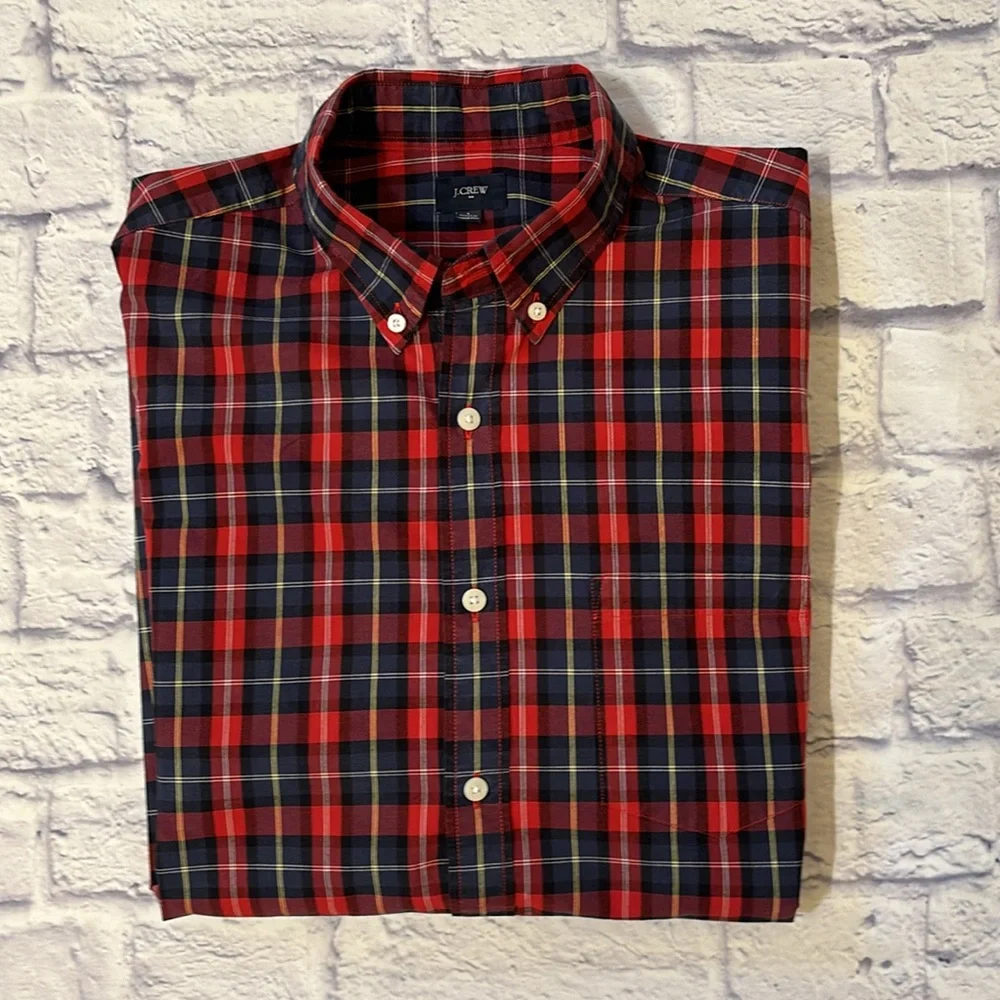 J Crew Red Plaid Long Sleeve Button Down Shirt 100% Cotton Mens’s Size Large